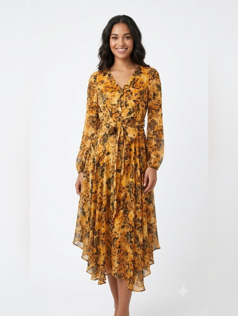 VINCE CAMUTO Mustard Floral V-Neck Tie-Waist Midi Dress,Size XS